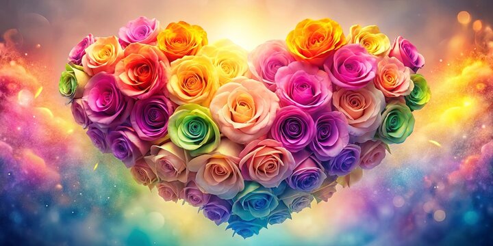 A vibrant heart formed by a multitude of roses, each blossoming in a captivating shade, creating a symphony of color against a backdrop of shimmering ethereal light.