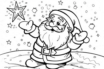 A cheerful, chubby Santa Claus character with a bushy white beard, dressed in a classic red suit, surrounded by festive stars and snowflakes.