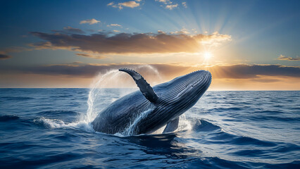 Fototapeta premium Blue whale swims up above the water
