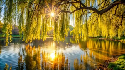 Golden Sunlight Filtering Through Weeping Willow Branches Over A Tranquil Pond