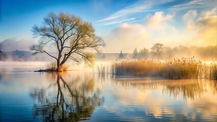 Fototapeta premium Serene Mist Shrouds a Solitary Tree, its Reflection Mirrored in the Tranquil Waters of a Dawn-Kissed Lake