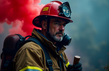 Obraz premium Portrait of a male firefighter in equipment against a background of red smoke, studio shooting