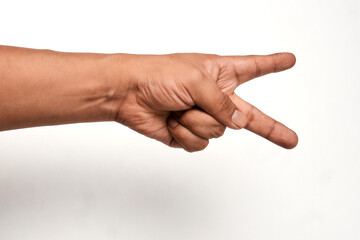 Close-up of a Latino man's right hand making a scissors gesture, on a white background. The hand...