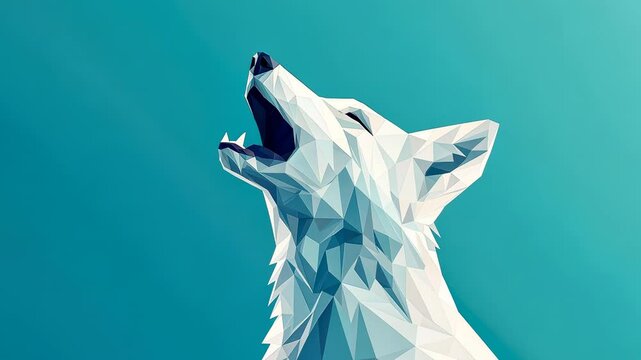A striking low-poly model of a wolf howling against a vibrant blue background