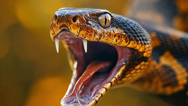 A fierce snake bares its teeth in a striking display, showcasing intricate details against a softly blurred natural background