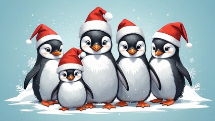 Naklejka premium Five cheerful penguins wearing Santa hats celebrating Christmas against a snowy background