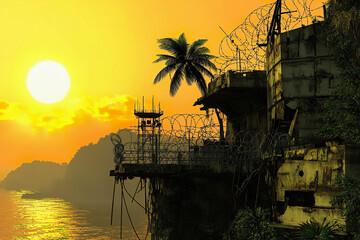 Sunset view of abandoned prison on ocean cliff with barbed wire fence and watchtower by coastline