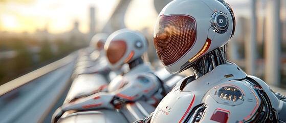 Naklejka premium AI powered robots overseeing the of a futuristic smart city with a digital interface controlling energy security and other key systems in a sustainable metaverse environment