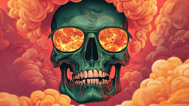 A vibrant skull surrounded by explosive clouds