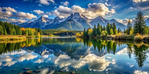 Obraz premium A Serene Reflection of Nature's Majesty, Capturing the Tranquil Beauty of a Pristine Mountain Lake Surrounded by Verdant Forest
