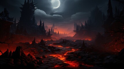 A dark and desolate landscape with a glowing path leading through a rocky terrain. The path is illuminated by a bright moon in the sky.
