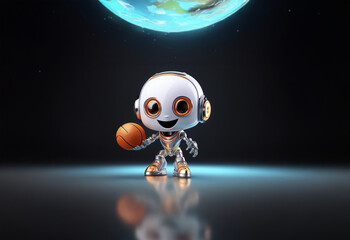 A small, friendly robot wearing headphones holds a basketball under a glowing Earth.