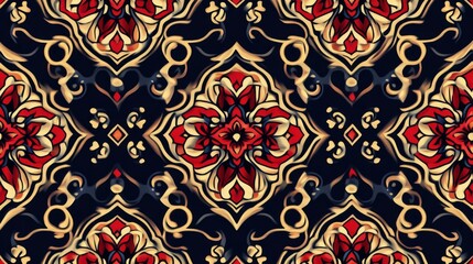 Intricate Floral Pattern with Red, Yellow, and Blue Hues on a Dark Background
