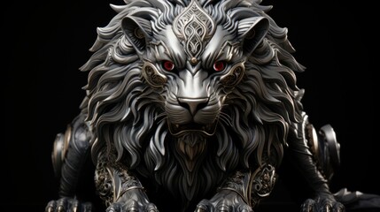 A close-up of a silver lion statue with red eyes, looking straight at the viewer. The statue has intricate details and is set against a black background.