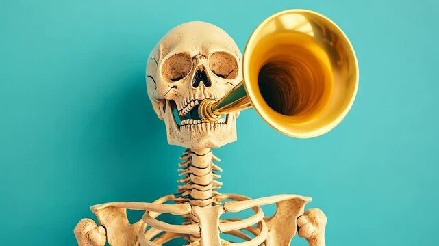 A playful skeleton playing a trumpet against a vibrant turquoise background