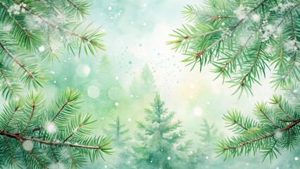 Serene Green Watercolor Winter Background with Pine Branches - Tranquil Nature Scene for Architecture and Design Projects