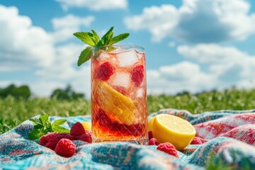 A tall frosty glass of raspberry lemonade filled with ice, garnished with fresh raspberries