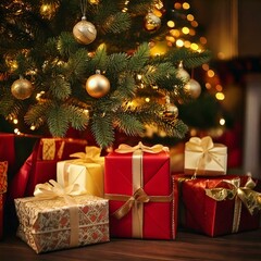 A closeup of wrapped christmas gifts under the christmas tree