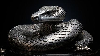 A silver snake sculpture with scales coiled in a defensive posture on a dark background.