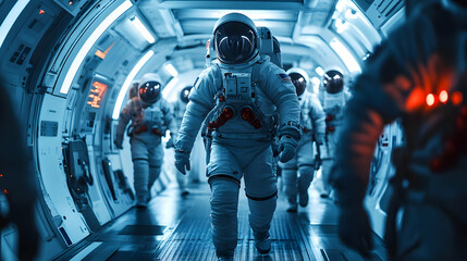 A crew of astronauts boarding a spaceship.