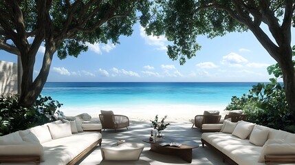 Obraz premium A Tranquil Beachside Lounge Area with White Couches and a Wooden Coffee Table Under a Canopy of Trees