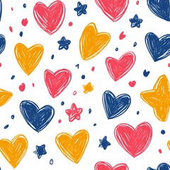 A cheerful pattern of hand-drawn hearts and stars in red, yellow, and blue.