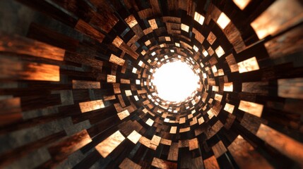 Abstract Tunnel of Interlocking Wood Panels Leading to Bright Light