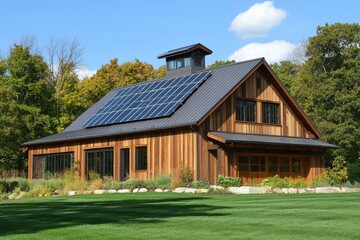 Obraz premium A modern farmhouse with solar panels. This image is ideal for showcasing eco-friendly homes.