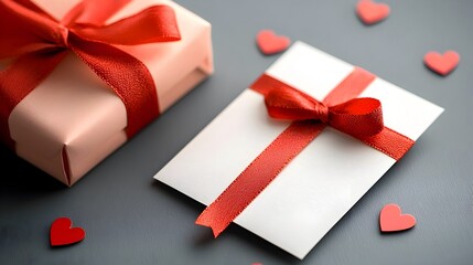 Romantic Valentine s Day gift tag adorned with a red satin ribbon and scattered miniature hearts conveying a message of love affection and heartfelt sentiment