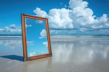 Fototapeta premium A wooden frame mirror on beach reflecting sky. This surreal image evokes a sense of reflection and the beauty of nature.