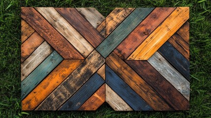 A geometric pattern of reclaimed wood planks in various shades of brown, blue, and green laid out on green grass.