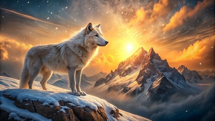 Fototapeta premium A lone white wolf stands on a rocky peak, gazing out at the majestic snow-capped mountains as the sun dips below the horizon, casting a warm glow over the sky.