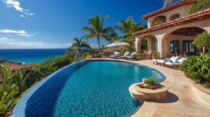 Obraz premium Infinity pool overlooking the ocean with a luxurious villa in the background