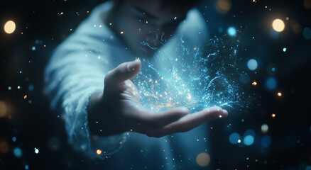 Fototapeta premium A cinematic shot of an adult male, wearing white and blue with glowing magical particles floating around him, holding out his hand to touch the words in the space between them