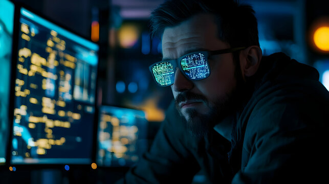 A cybersecurity professional monitoring a screen. Code Focus
