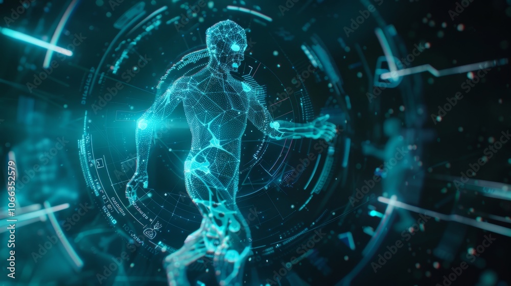 Poster complex circular futuristic user interface showing a running human body wireframe model, data analys