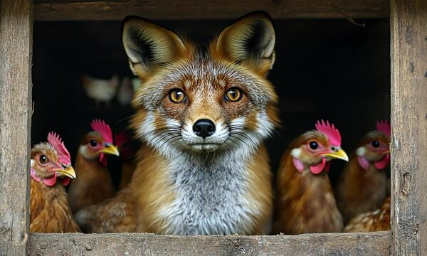 A fox peers through a wooden frame with chickens in the background.