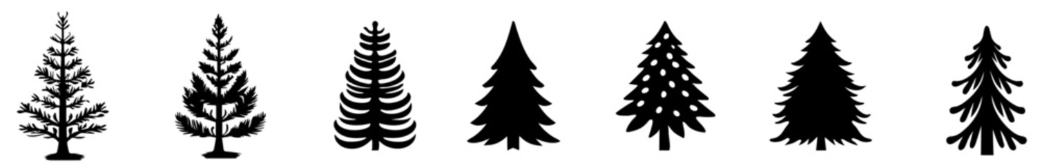 Black and White Christmas Tree Silhouette Vector Set with Festive Lights