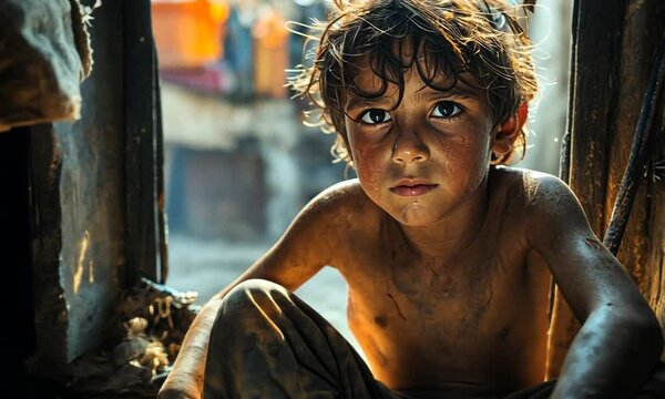 A young boy sits in a dilapidated environment, conveying hardship.
