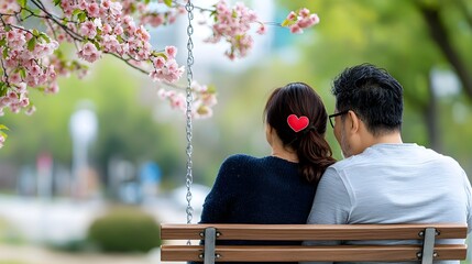 Loving couple sitting together on a wooden swing under a tree filled with beautiful pink blossoms celebrating the romance and intimacy of Valentine s Day in a serene natural setting