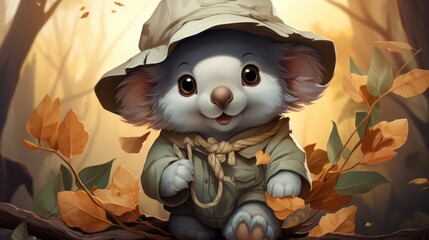 Fototapeta premium A cute, cartoon koala wearing a safari hat and standing on a tree branch in a forest setting.
