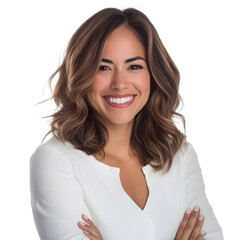 Business woman, middle aged woman, career woman smiling with arms crossed isolated on a transparent PNG background, white background , cut out, clipping path, Generative Ai
