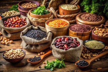 Vintage Style Photography of Colorful Beans and Legumes in Rustic Bags - Natural, Organic, Healthy Food Display for Farm Market and Culinary Inspiration