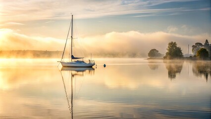 A sailboat, anchored amidst a tranquil lake, casts a long, elegant reflection on the still water, enveloped by a mesmerizing veil of morning mist, bathed in the warm glow of the rising sun.