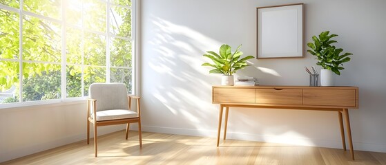 Minimal and Inviting Home Office Setup with Wooden Desk and Large Window Creating a Calm and Productive Atmosphere for Remote Work or Study