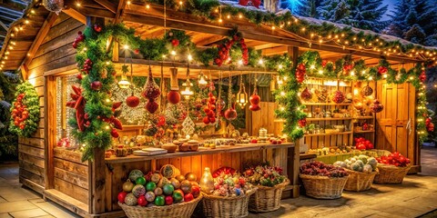 Obraz premium A Festive Wooden Market Stall Adorned With Garlands and Lights, Featuring Baskets Filled With Ornamental Spheres and Christmas Decorations