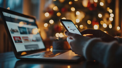 • A couple shopping online together for Cyber Monday deals, using a laptop and smartphone with holiday decor in the background