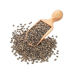 Organic Hemp Seeds in Wooden Scoop Isolated on White Background