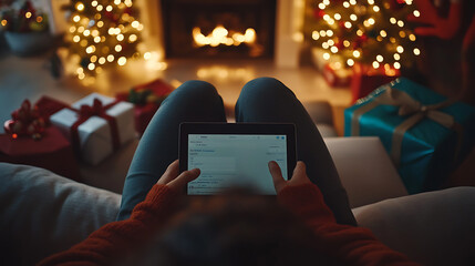 • A person sitting comfortably on a couch with a tablet, browsing Cyber Monday deals online, with wrapped holiday gifts and decorations nearby 