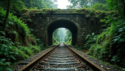 Abandoned railway track leading through an overgrown tunnel in a lush forest